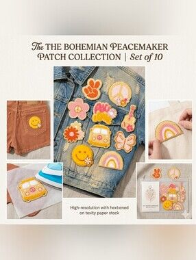 ✨️🍎 Nwt 10-Piece Retro Boho Chenille Iron-On Patch Set Peace & Love Embroidered
